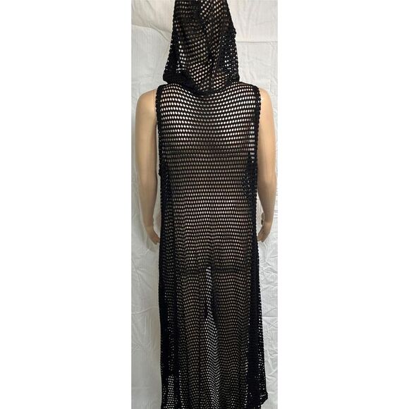 SJS Women's Plus Size Sleeveless Hooded Mesh Long Cardigan Black 1X - Picture 6 of 6